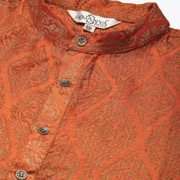 SOJANYA PLUS Men Rust Orange & Golden Jacquard Silk Woven Design Straight Kurta image 2