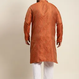 SOJANYA PLUS Men Rust Orange & Golden Jacquard Silk Woven Design Straight Kurta image 5