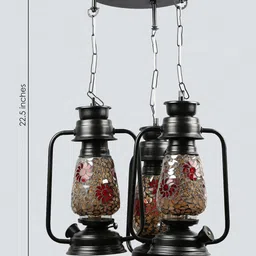 Devansh Set of 3 Black & Silver Cluster Lantern Mosaic Glass Hanging Lamp image 4