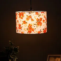 Devansh White & Red Floral Printed Cotton Drum Hanging Lamp image 2