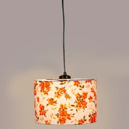 Devansh White & Red Floral Printed Cotton Drum Hanging Lamp image 5
