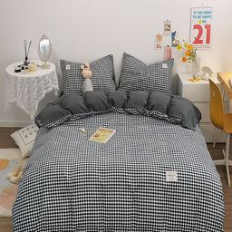 JC HOME White & Black 4 Pieces Double Extra Large Checked Bedding Set-picture-10