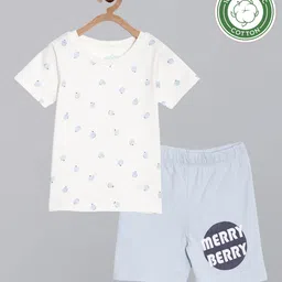 Broon Boys White & Blue Printed Cotton T-shirt with Shorts-picture-43