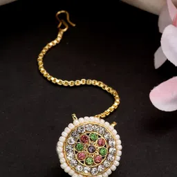 NVR Gold-Plated Cubic Zirconia Studded Borla Maang Tikka image 1