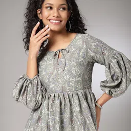 Oomph! Ethnic Motifs Printed Tie-Up Neck Puff Sleeves Top-picture-10