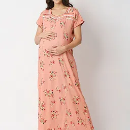 MeeMee Women Peach-Coloured Floral Maternity Maxi Dress with Feeding Zip-picture-36