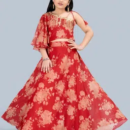 FASHION DREAM Girls Red & Gold-Toned Printed Ready to Wear Lehenga Choli-picture-15