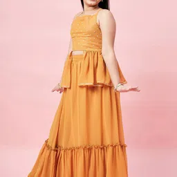Stylo Bug Girls Mustard Top With Printed Layered Lehenga image 3