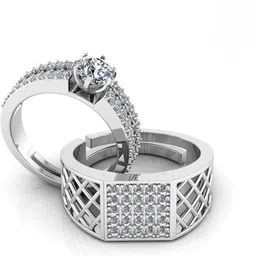 Couple Beautiful Diamond Adjustable Combo Rings – Luxury Gift for Women & Men, Sterling Silver Cubic Zirconia Rhodium Plated Ring Set-image-0