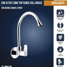 kamal Sink Tap Cubix Full Brass | WIth 180 degree Swivel Spout | Easy Function Modern Bib Tap Faucet image 2