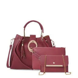 DressBerry Pack Of 3 Maroon & Gold-Toned Textured Structured Handheld Bag With Tasselled image 1