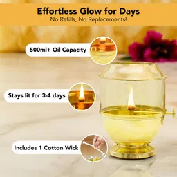 ekhasa 100% Pure Brass Akhand Jyot Diya with Glass Cover, Adjustable Knob, 500ml Oil Brass Table Diya image 4