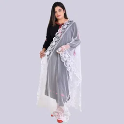 ufashion Net Self Design White Women Dupatta image 5