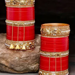 LUCKY JEWELLERY Red CZ & Kundan Studded Punjabi Bridal Bangle Set image 1