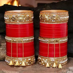 LUCKY JEWELLERY Red CZ & Kundan Studded Punjabi Bridal Bangle Set image 3