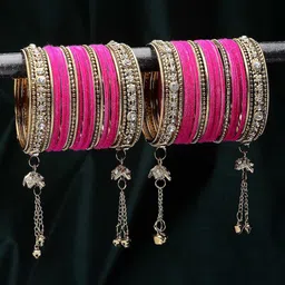 ZENEME Set Of 56 Gold-Plated Matte Finish Velvet AD-studded Tasselled Bangles image 1