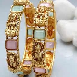 KARATCART Women Set of 2 Gold-Toned & Blue Rajwadi Gold Plated Temple Bangles image 1
