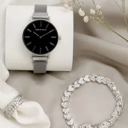 JOKER & WITCH Women Black Silver Toned Watch With Bracelet & Ring Gift Set JWLT365-picture-13