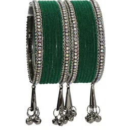 NMII Set Of 16 Silver-Plated Zircon Gemstone Studded & Velvet Latkan Metal Bangles image 4