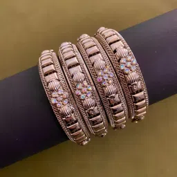 ATIBELLE Set Of 4 Silver Plated Stones Studded Floral Shaped Bangles image 1