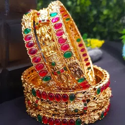 GRIIHAM Set Of 6 Gold-Plated Pink & Green AD Studded Bangles-picture-13