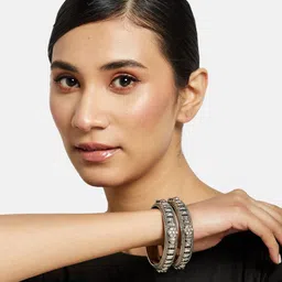 ATIBELLE Set Of 4 Silver Plated Stones Studded Floral Shaped Bangles image 4