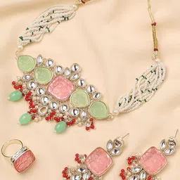 Anouk Kundan Studded & Beaded Engraved Necklace and Earrings With Finger Ring image 1