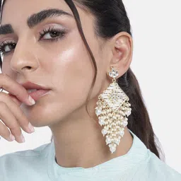 Peora White Gold Plated White Design Ethnic Dangler Earrings image 2