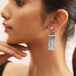Rubans Silver-Plated Statement Mesh Tassel Dangle Earrings with Pearl Detailing image 2