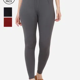 BUY NEW TREND Women Maroon Blue Grey Pack Of 3 Solid Ankle-Length Cotton Leggings-image-31