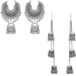 Samridhi DC Set Of 2 Silver-Plated Oxidised Contemporary Jhumkas Earrings-picture-22