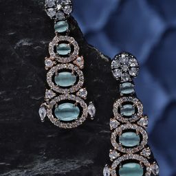 ZENEME Rose Gold-Plated American Diamond Studded Quirky Shaped Drop Earrings-picture-19