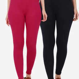 BUY NEW TREND Women Pack Of 2 Solid Navy & Pink Pure Cotton Ankle-Length Leggings-image-57