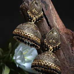 ANIKAS CREATION Gold-Plated Stone Studded & Beaded Dome Shaped Jhumkas-image-95