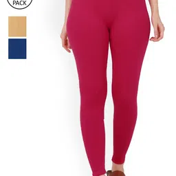 BUY NEW TREND Women Pack of 3 Red & Navy Blue Solid Ankle-Length Leggings-image-47