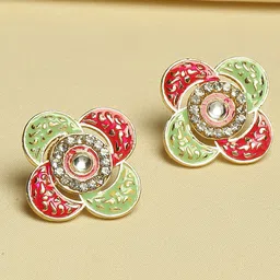 OOMPH Gold Plated Floral Kundan Meenakari Studs Earrings-picture-15