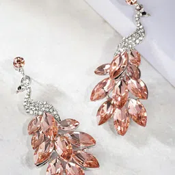 DressBerry Silver-Plated And Peach-Coloured Artificial Stones Peacock Shaped Drop Earrings-picture-22