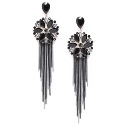 DressBerry Gold-Plated Black Floral Stone Studded Tasselled Drop Earrings-image-1