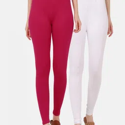 BUY NEW TREND Women Pack Of 2 Pink & White Solid Cotton Ankle-Length Leggings-image-57