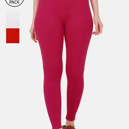 BUY NEW TREND Women Pack Of 3 Solid White, Pink and Red Pure Cotton Ankle-Length Leggings-picture-33