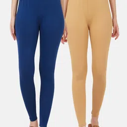 BUY NEW TREND Women Pack Of 2 Blue & Beige Solid Ankle-Length Pure Cotton Leggings-picture-29