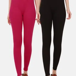 BUY NEW TREND Women Pack of 2 Solid Black & Pink Ankle- Length Cotton Leggings-image-53