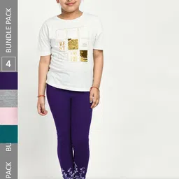IndiWeaves Girls Pack Of 4 Printed Pure Cotton Ankle Length Leggings image 1
