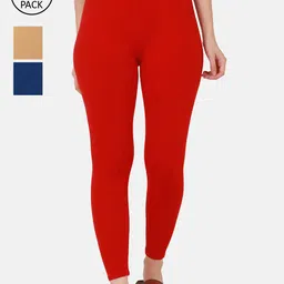 BUY NEW TREND Pack Of 3 Women Red & Beige Solid Cotton Ankle-Length Leggings-image-39