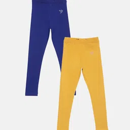 TWIN BIRDS Girls Pack Of 2 Blue & Yellow Solid Pure Cotton Tailored Fit Leggings-picture-11