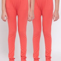 KLOTTHE Girls Pack Of 2 Peach-Coloured Solid Cotton Churidar-Length Leggings-picture-15