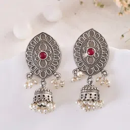 DASTOOR Silver-Plated Contemporary Jhumkas-picture-24
