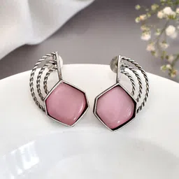 DASTOOR Silver-Plated Stone-Studded Oxidised Contemporary Studs Earrings-picture-24