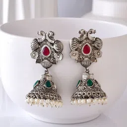 DASTOOR Silver-Plated Dome Shaped Stone Studded & Beaded Jhumkas-image-17