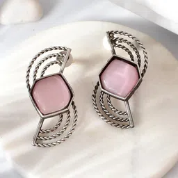DASTOOR Silver-Plated Stone-Studded Oxidised Contemporary Studs Earrings-picture-23